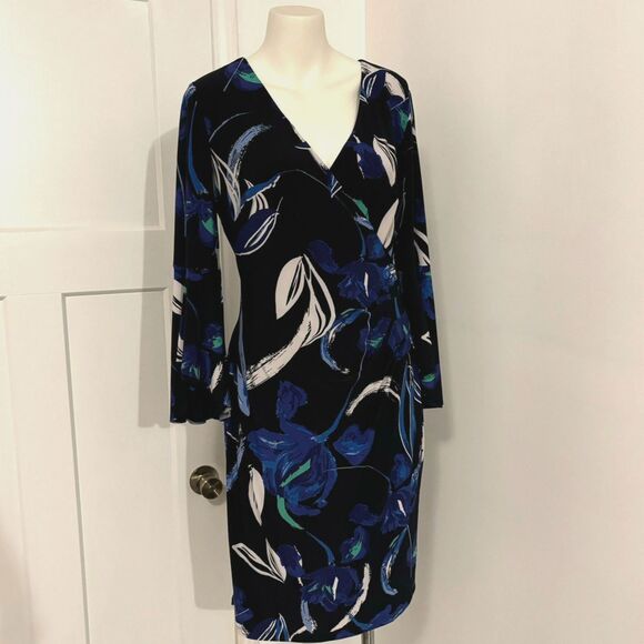 Lauren Ralph Lauren size 10 Blue Abstract Floral Bell Sleeve Faux Wrap Dress - Picture 1 of 14